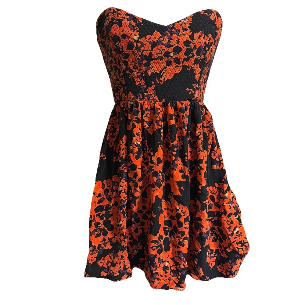 Parker Quilted Empire Dress  Silk Petal Bloom Print Strapless Zip Womens Size L